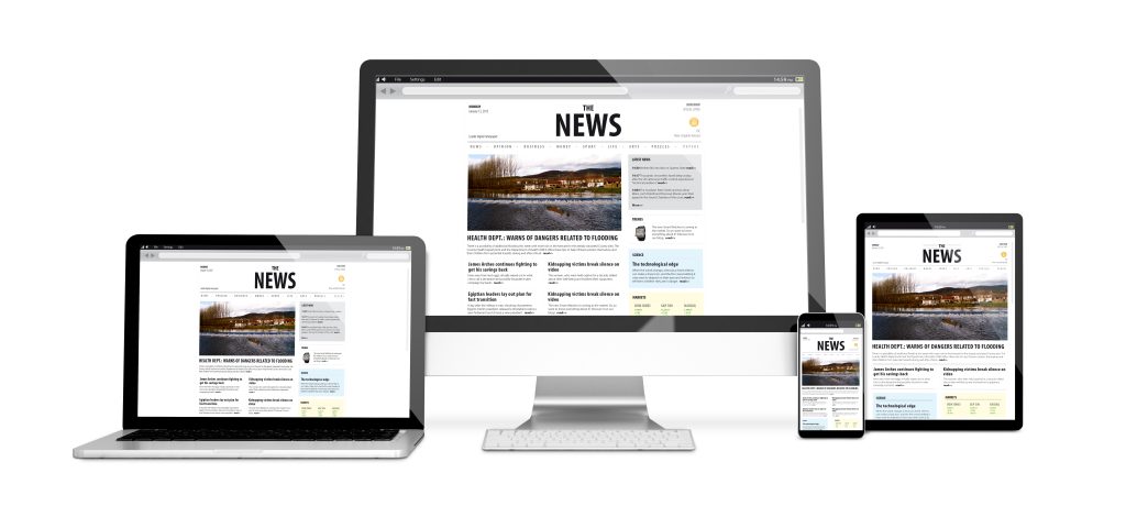3d rendering of isolated devices with news responsive website design. All screen graphics are made up.