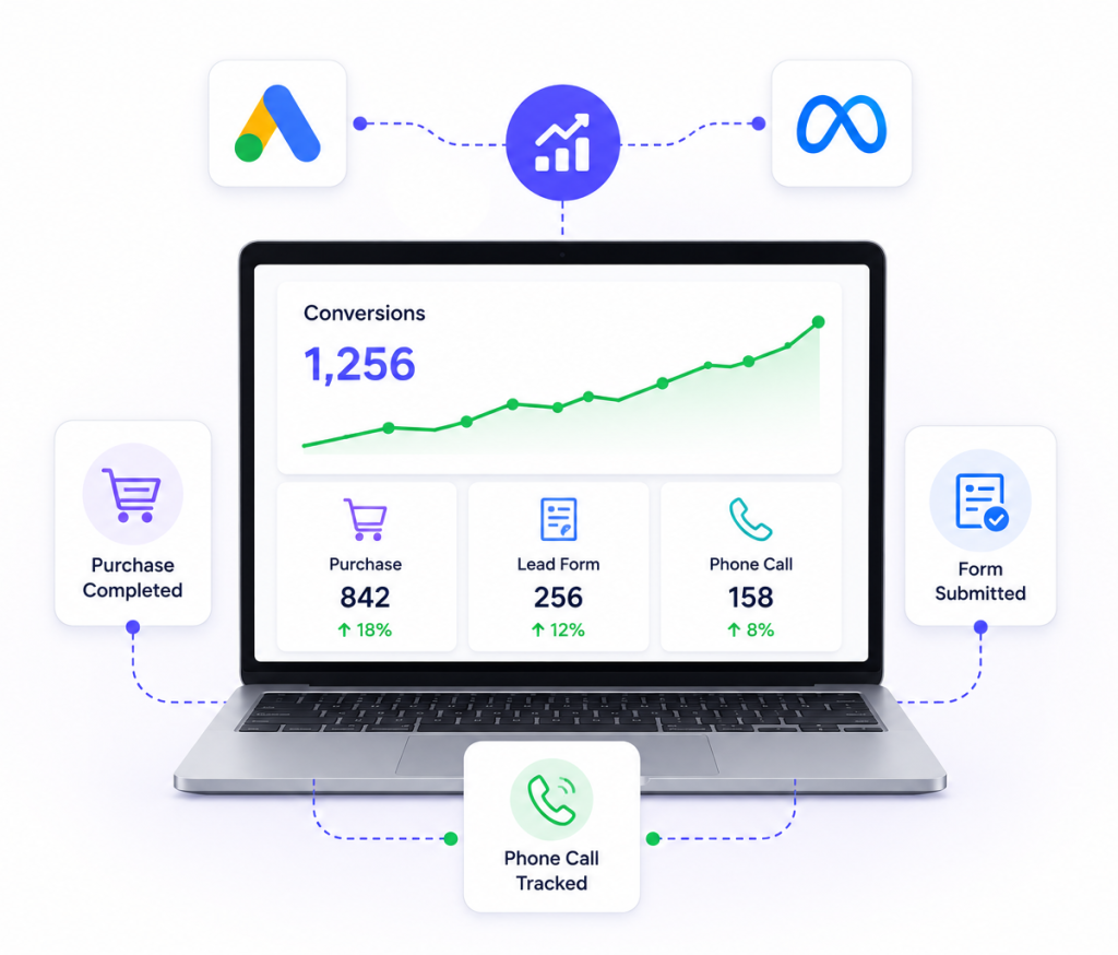 Conversion tracking dashboard showing purchases, lead forms and phone calls tracked from Google Ads and Meta