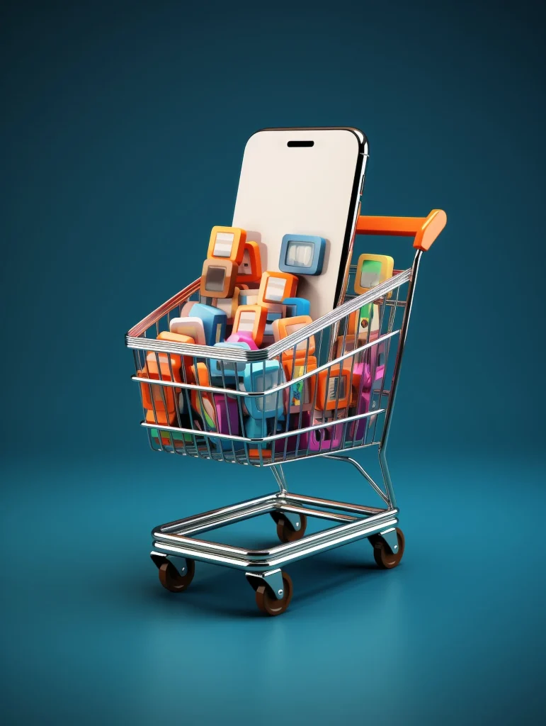 Shopping cart with mobile devices representing eCommerce marketing challenges, PPC, SEO, and CRO growth
