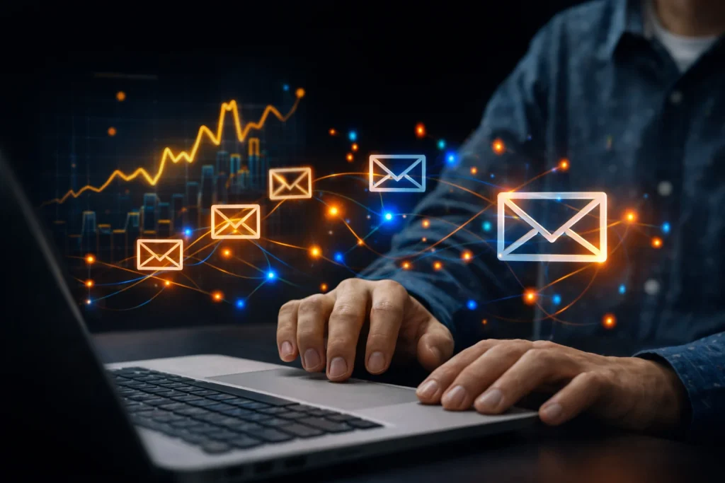 Email marketing services automation visual with laptop and email icon
