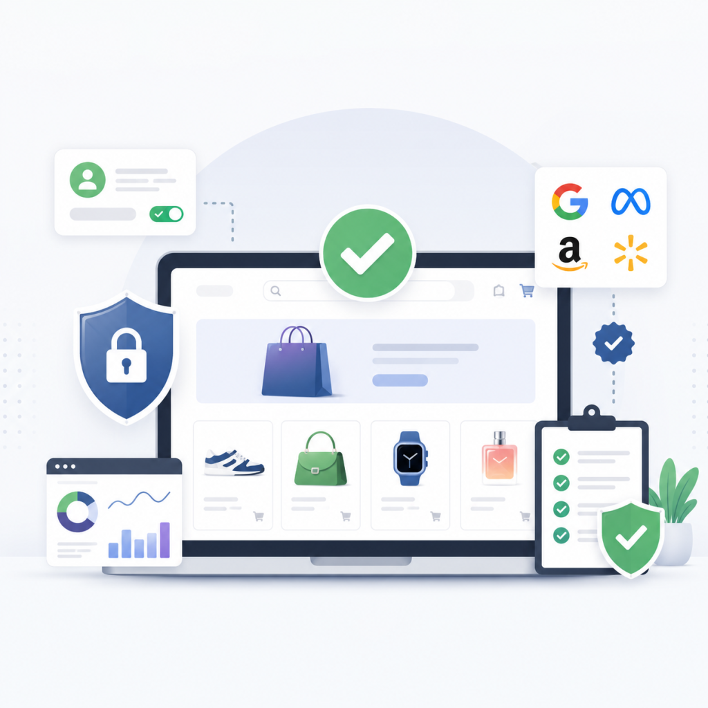 eCommerce maketing compliance illustration for secure digital marketing services and policy-compliant online store growth