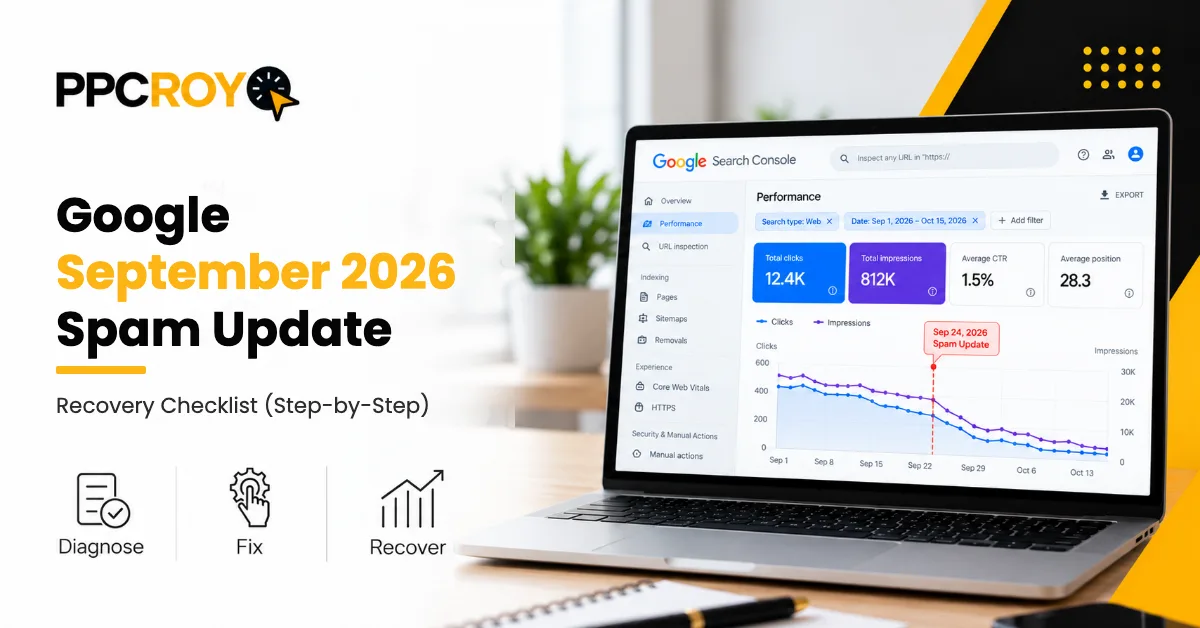 Google September 2026 spam update recovery checklist by PPCROY: Search Console clicks and impressions dropping after the Sep 24, 2026 spam update